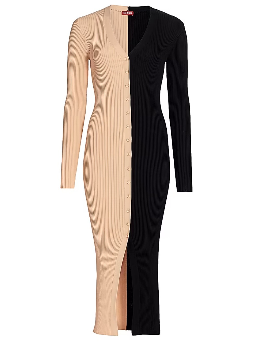 STAUD Two-Tone Ribbed Button-Front Midi Dress in Beige and Black